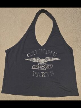 U2k Hybrid Apparel Navy Halter Tank Top with Faded Chevrolet Graphic